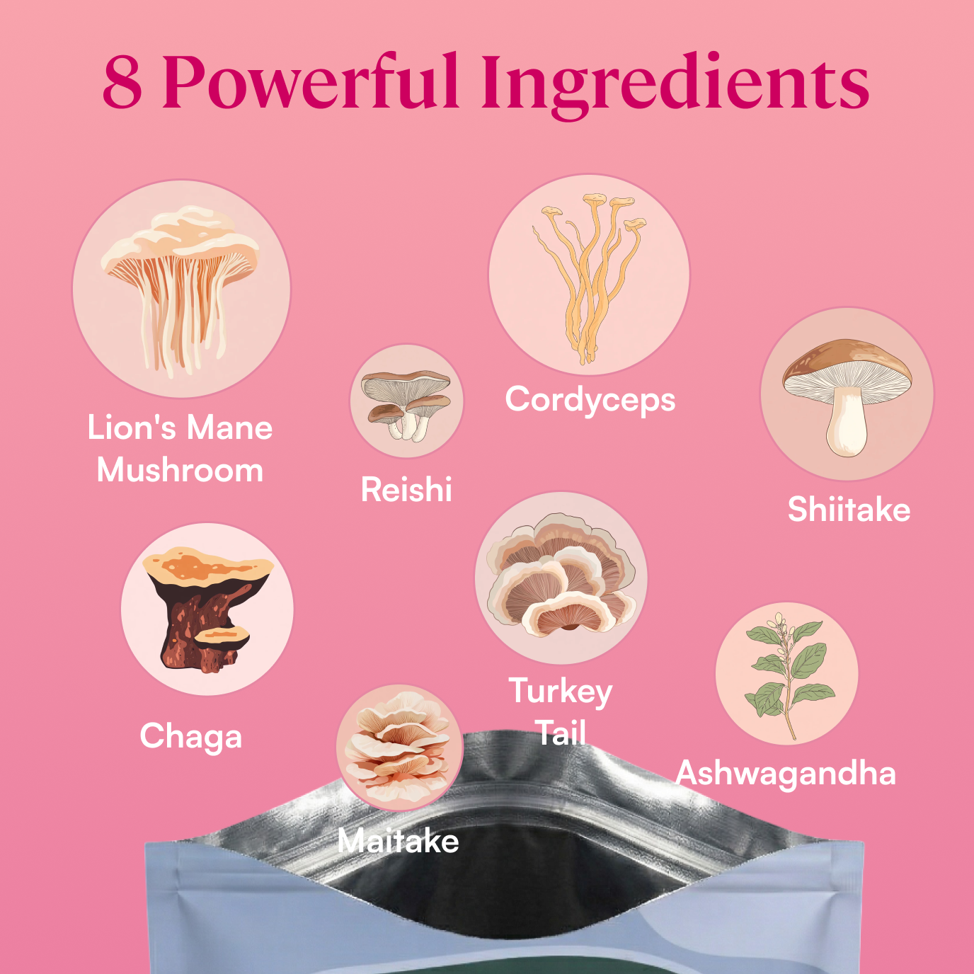 An infographic showing eight powerful ingredients, including various mushrooms like Lion's Mane, and the Ashwagandha plant.