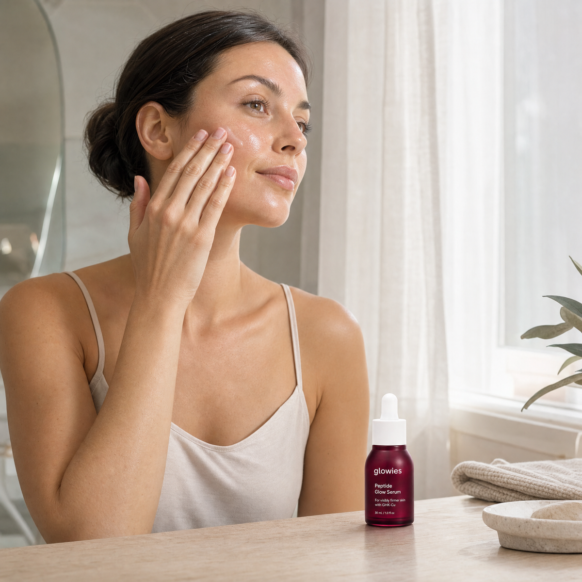 Woman applying Peptide Glow Serum